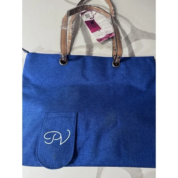 NWT Portovino City Tote Bag Blue Canvas Wine Purse With Hidden Insulated Compart - Picture 9 of 12